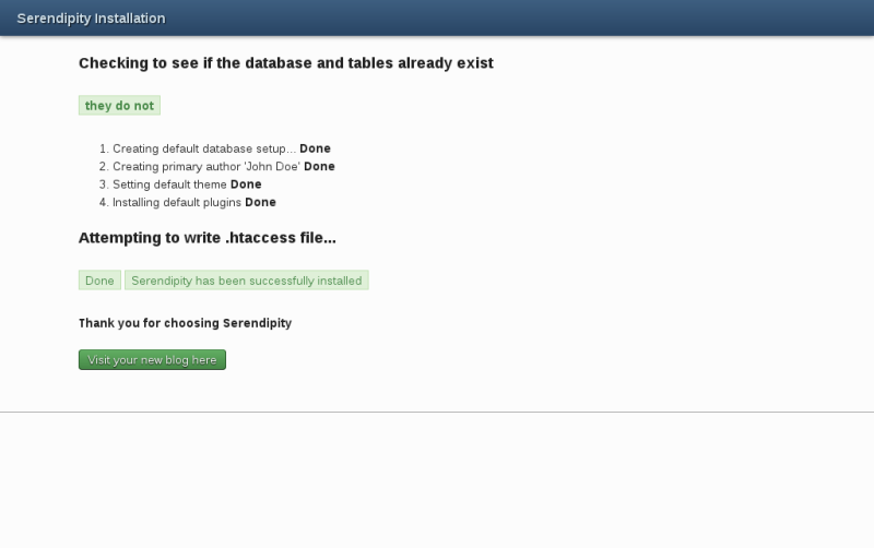 Results of the database tables creation